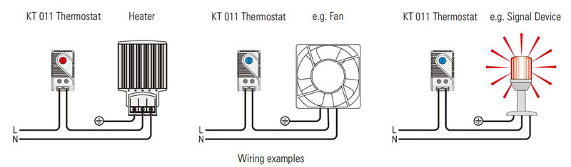 Example of connection:KT 011 Thermostat heater;KT 011 Thermostat e.g.Fan;KTO 011 Thermostat e.g. Signal Device