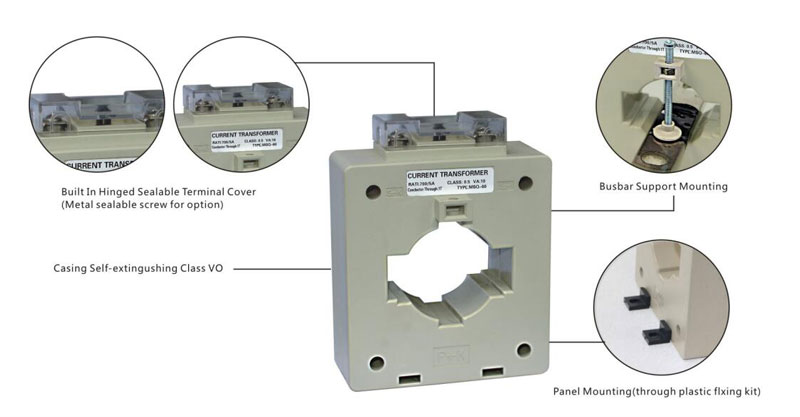 Built In Hinged Sealable Terminal Cover(Metal sealable screw for option);Casing Self-extingushing Class VO;Busbar Support Mounting;Panel Mounting(through plastic flxing kit)