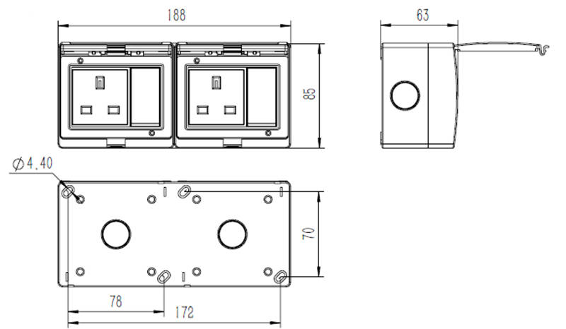 WST-2SS Wall Mounted IP55 2 Gang Switch 2 Gang Sockets