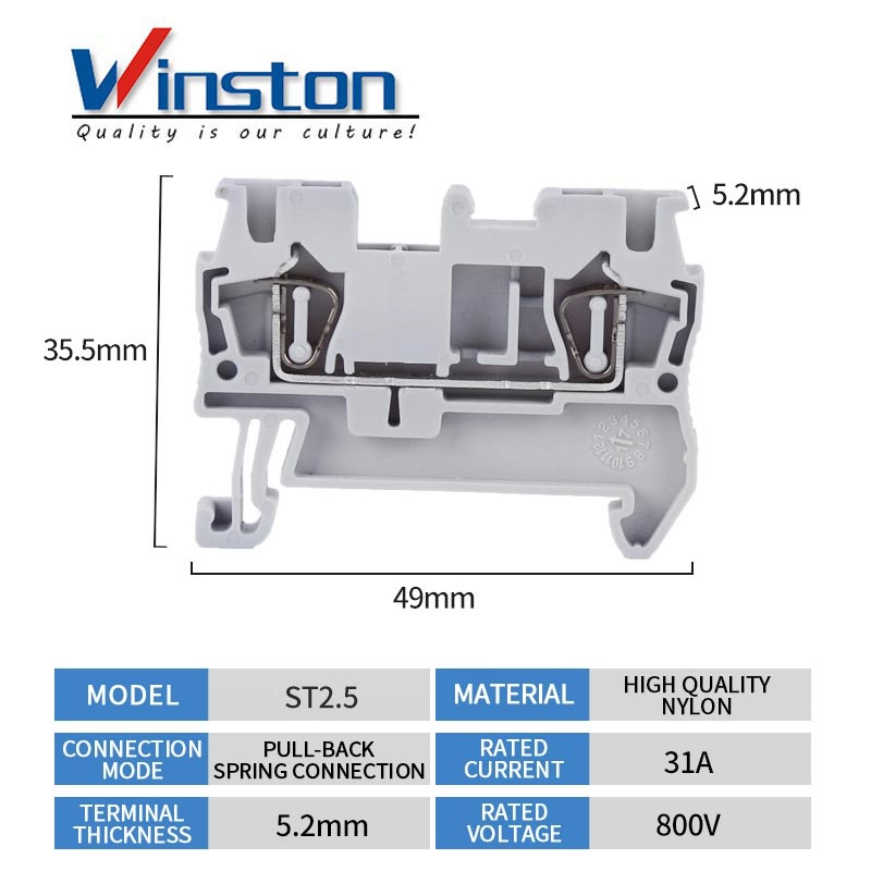 ST2.5 RED Push in Connection Feed Through DIN Rail screw plastic Brass terminal block