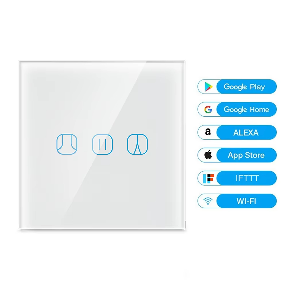 Max. Current	10A Max. Voltage	250V Customized support	yes Place of Origin	Guangdong, China Network	SDK Mechanical Life	@100000times Name	EU Curtain WiFi Touch Switch Plastic material	Tempered Glass Housing Color	White Wireless Standard	IEEE802.11b/g/n Wireless Type	WIFI 2.4GHZ App Support	IOS/Android(Smart Life) Operation Temperature	-20℃~+50℃ LOGO	Customization Availble Certificate	CE ROHS Warranty	2 Years